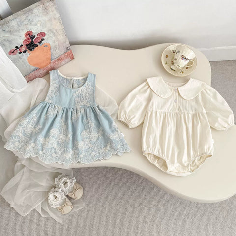 2 Pc Emb Chambray Dress & Collar Bodysuit