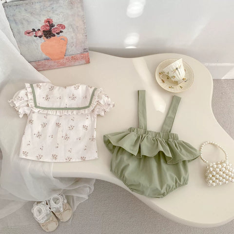 2 Pc Baby Girls Square Collar Shirt & Overall Set