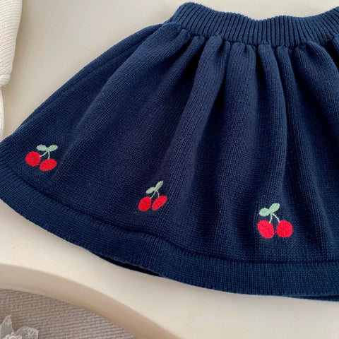 2 Pc Girls Knit Cherry Polo Shirt and Skirt Set