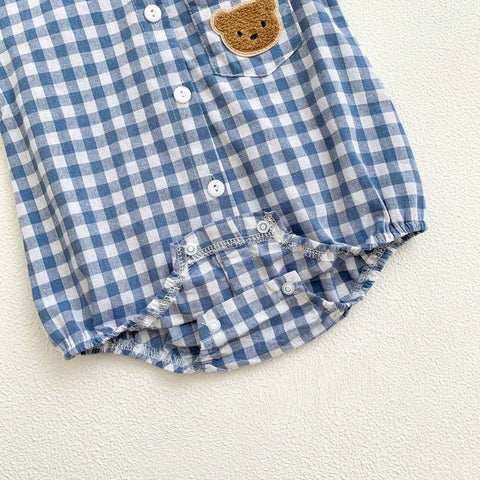 Baby Boy Bear Patch Gingham Polo Bodysuit