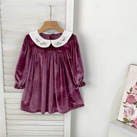 Girls Autumn Velvet Babydoll Collar Dress