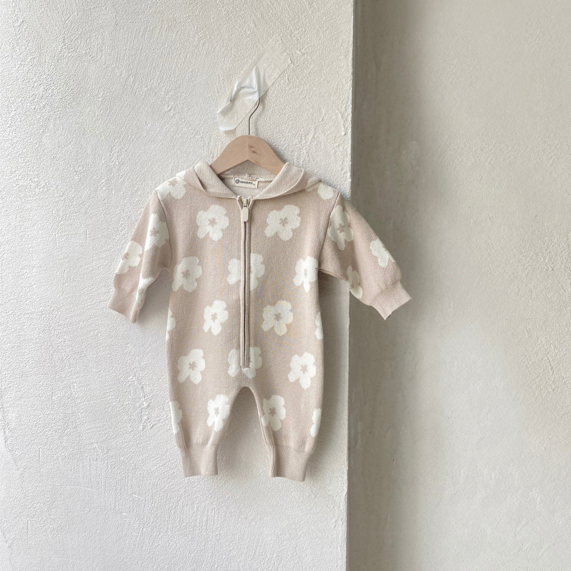 Baby Girl Flower Pattern Knit Zip Hooded Romper