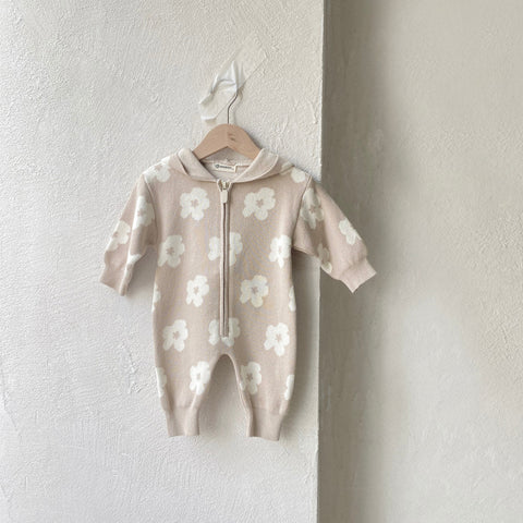 Baby Girl Flower Pattern Knit Zip Hooded Romper