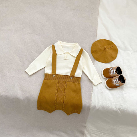 Baby Boy Knit Suspender Shorts with Shirt