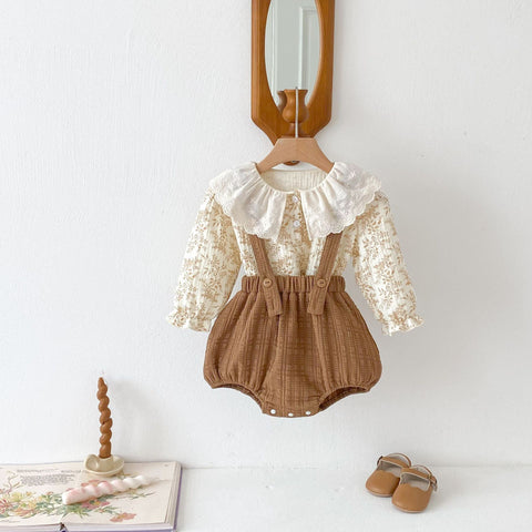 2 Pc Baby Girl Autumn Overall and Ruffle Collar Shirt Set