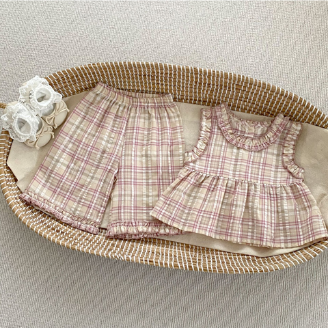 2 Pc Girl Plaid Shirt & Wide Leg Set