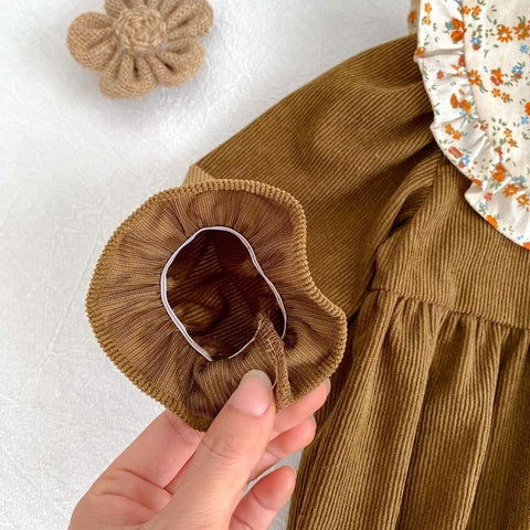 Girl Knit Corduroy Ruffle Collar Bodysuit Dress