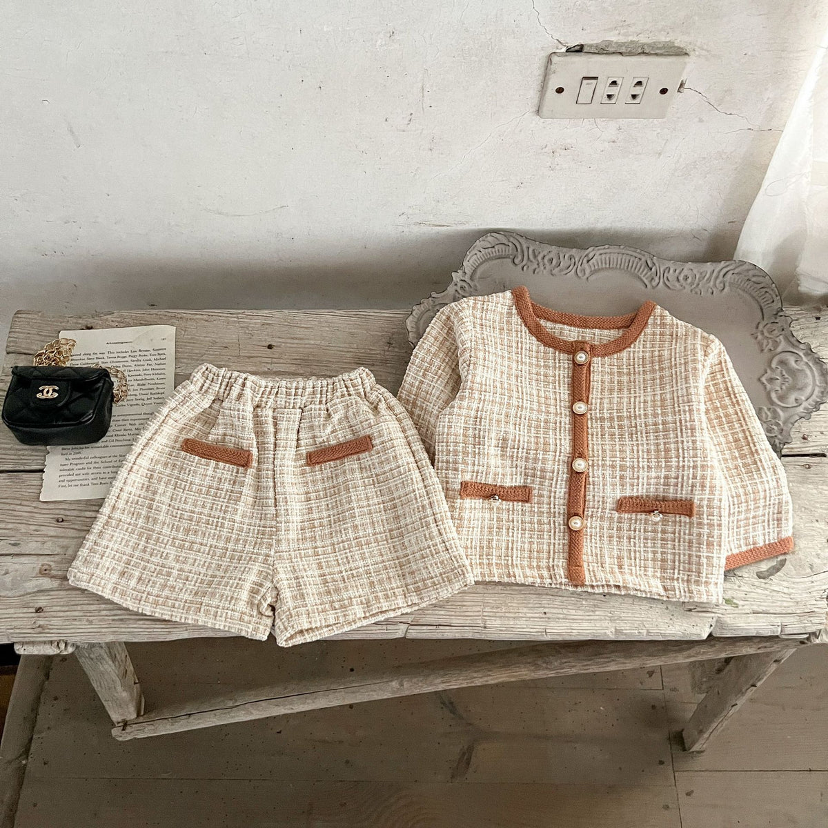 2 Pc Baby Girl Tweed Cardigan Shorts Set
