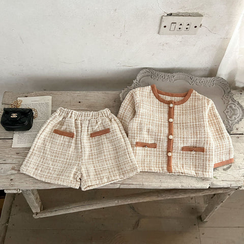 2 Pc Baby Girl Tweed Cardigan Shorts Set