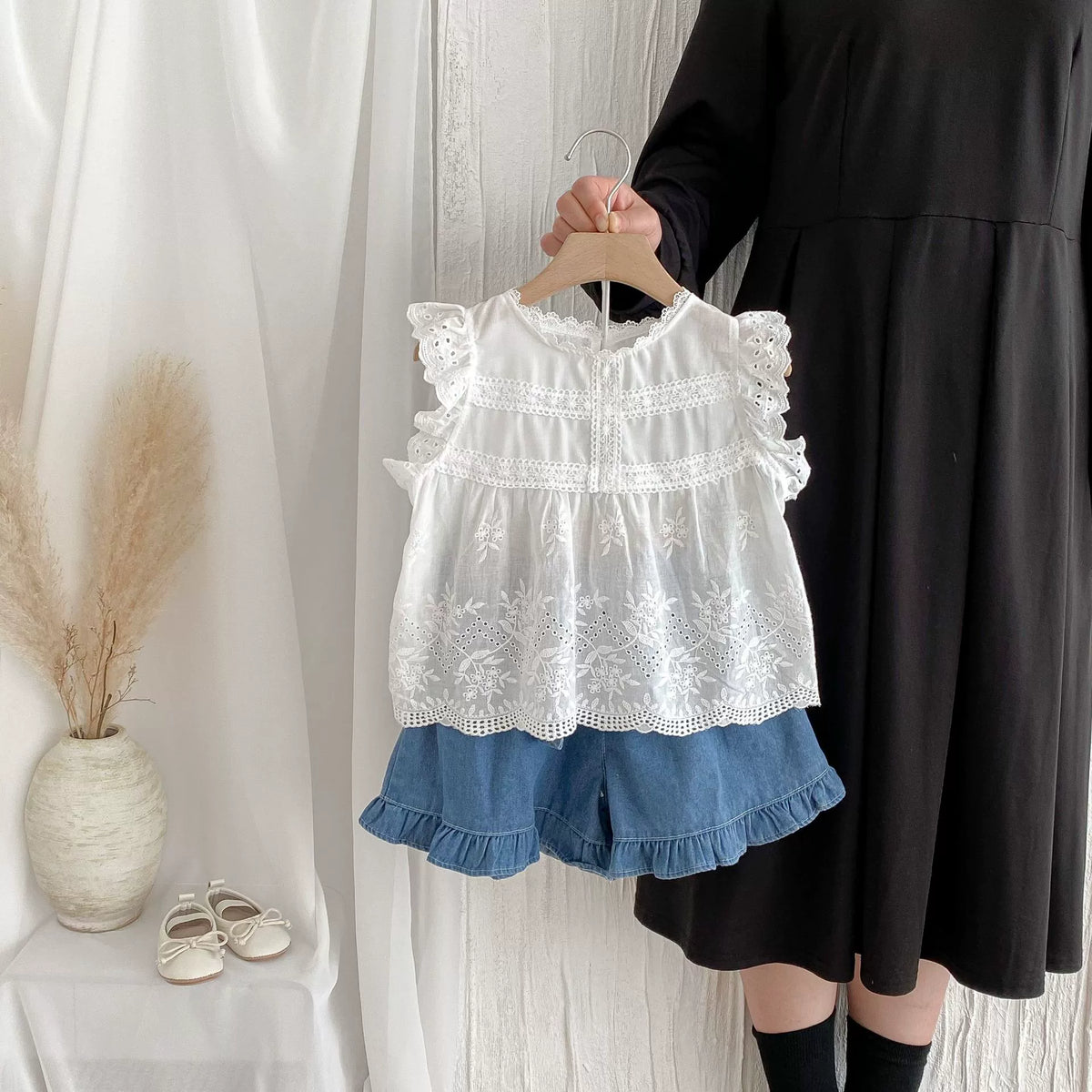 2 Pc Girl Boho Embroidery Top & Denim Shorts