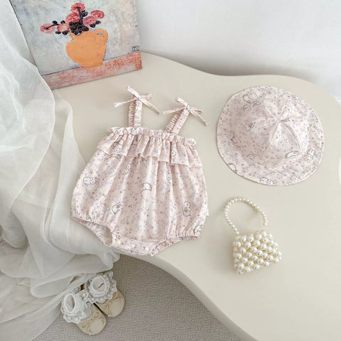 2 Pc Baby Girls Rabbit Print Cami Bodysuit w/ Hat
