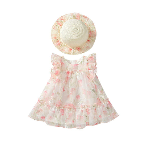 Girls Pink Floral Dress with Straw Hat