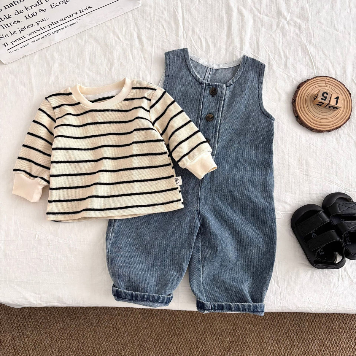 2 Pc Baby Boy Denim Overall w/ Stripe Shirt