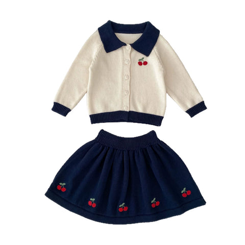 2 Pc Girls Knit Cherry Polo Shirt and Skirt Set