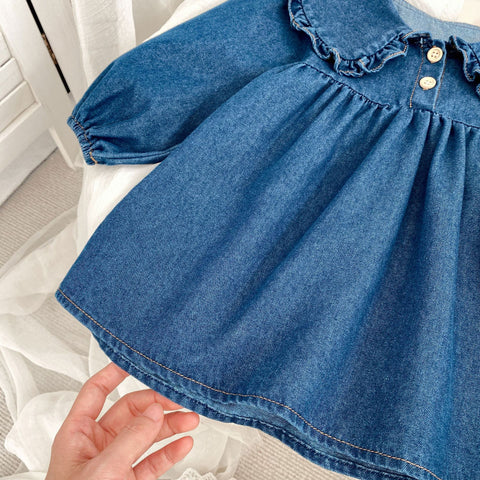 Girls Peter Pant Collar Denim Dress