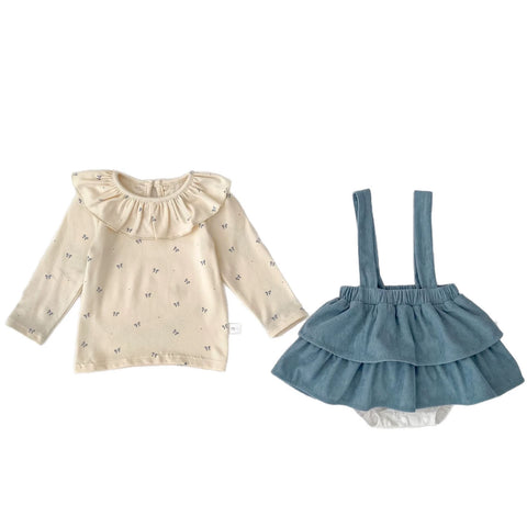 2 Pc Baby Girl Corduroy Skirt with Ruffle Collar Shirt