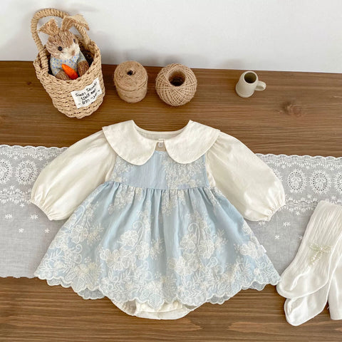 2 Pc Emb Chambray Dress & Collar Bodysuit