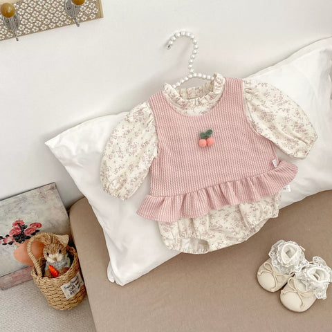 2 Pc Baby Girl Floral Bodysuit with Cherry Vest