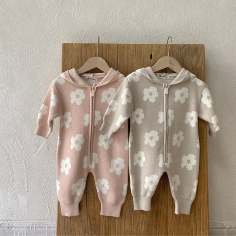 Baby Girl Flower Pattern Knit Zip Hooded Romper
