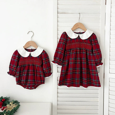 Girls Festive Plaid Smocked Bodysuit Dress