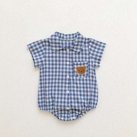 Baby Boy Bear Patch Gingham Polo Bodysuit