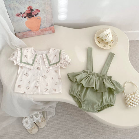 2 Pc Baby Girls Square Collar Shirt & Overall Set