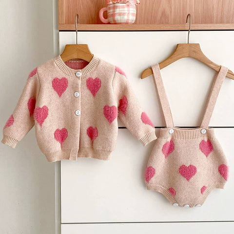 2 Pc Baby Girl Heart Knit Cardigan and Bodysuit Set