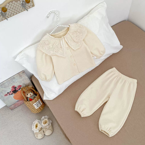 2 Pc Girls Ruffle Collar Sweater Cardigan w/ Pants