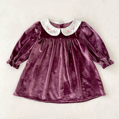 Girls Autumn Velvet Babydoll Collar Dress