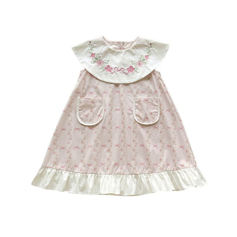 Girls Bows and Floral Round Collar Dress