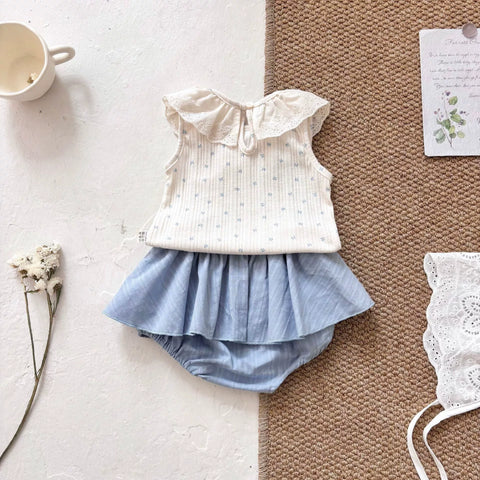 2 Pc Baby Girl Ribbed Shirt & Bloomer Skirt Set