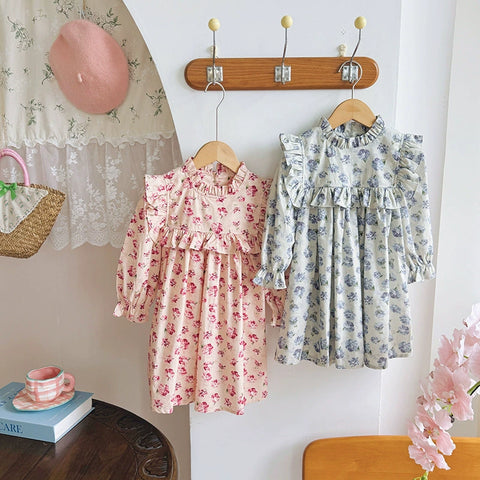 Girls Floral Print Ruffle High Neck Dress