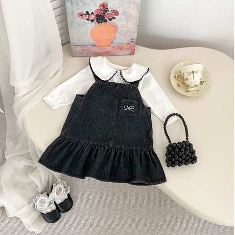 2 Pc Baby Girl Denim Overall with Collar Top