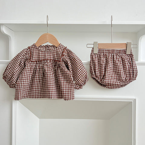 2 Pc Baby Girl Gingham Peplum Top and Shorts Set