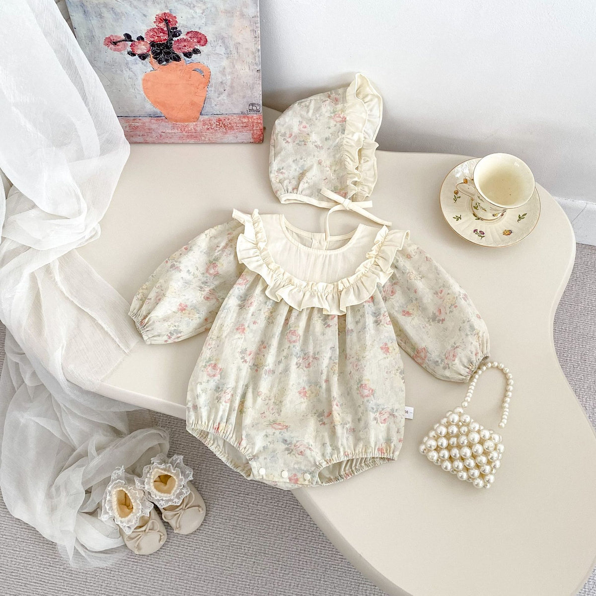 2 Pc Baby Girl Vintage Floral Bodysuit w/Bonnet