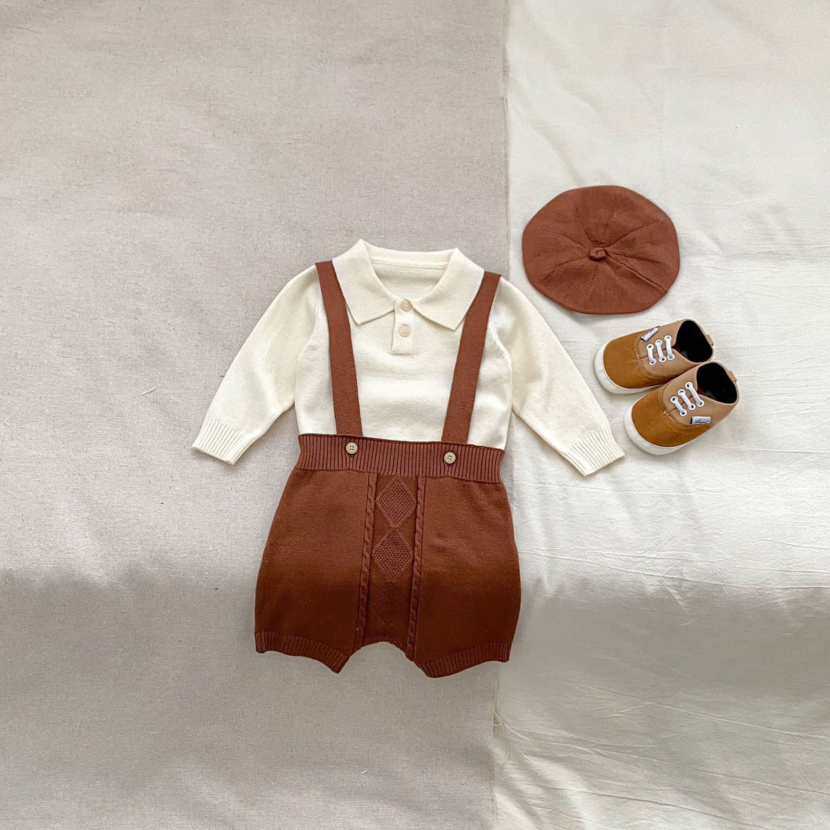 Baby Boy Knit Suspender Shorts with Shirt