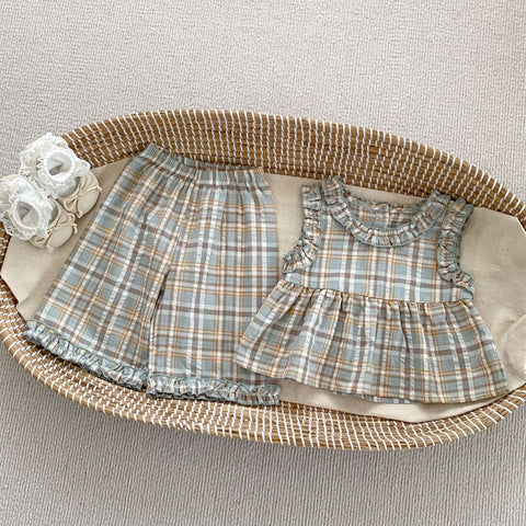 2 Pc Girl Plaid Shirt & Wide Leg Set