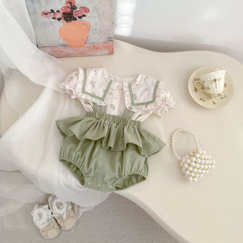 2 Pc Baby Girls Square Collar Shirt & Overall Set