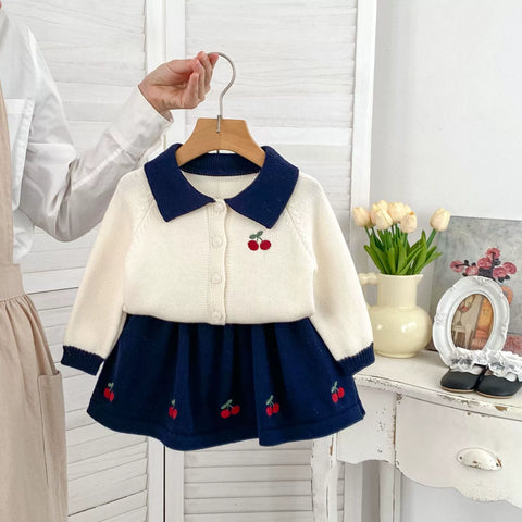 2 Pc Girls Knit Cherry Polo Shirt and Skirt Set