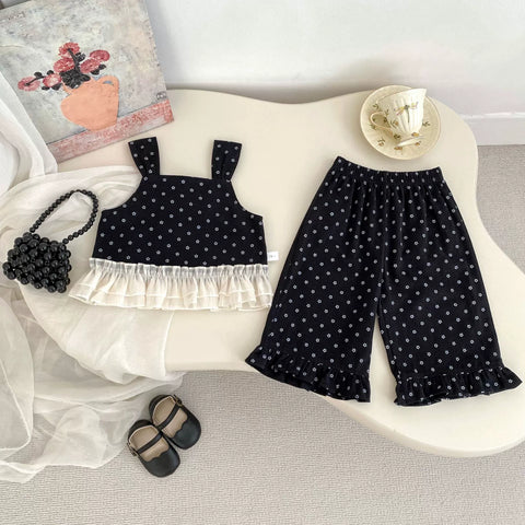 3 Pc Girls Wide Leg Flower Dot Top & Pants Set