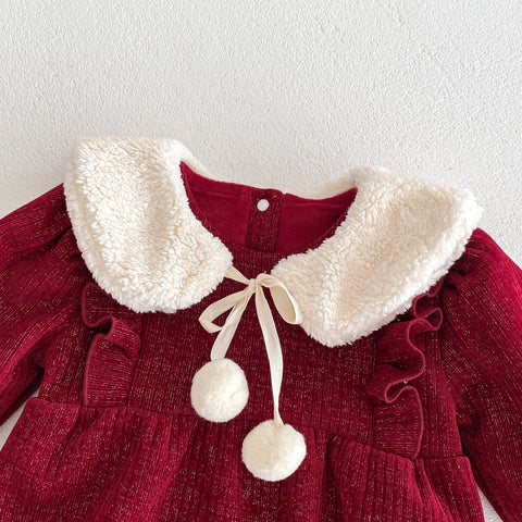 2 Pc Baby Girl Festive Bodysuit Pom Pom Collar