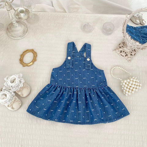 2 Pc Girls Denim Bow Skirt with Cherry Shirt Set