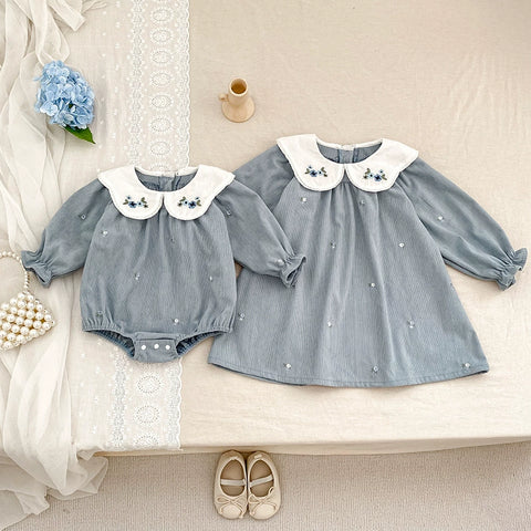 Girls Flower Embroidered Collar Bodysuit/ Dress
