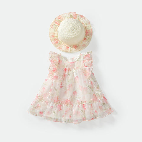 Girls Pink Floral Dress with Straw Hat