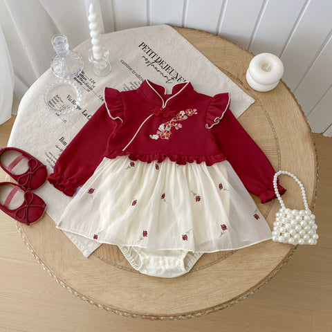 Baby Girl Rose Qipao Style Bodysuit Dress