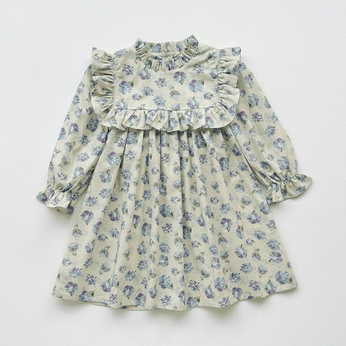 Girls Floral Print Ruffle High Neck Dress
