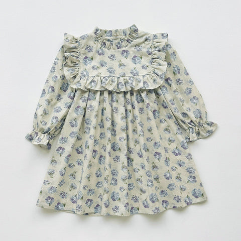 Girls Floral Print Ruffle High Neck Dress