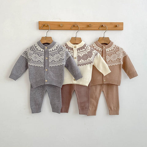 2 Pc Baby Fair Isle Knit Cardigan Pants Set