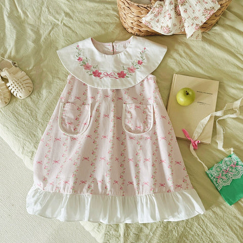 Girls Bows and Floral Round Collar Dress