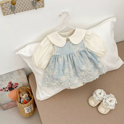 2 Pc Emb Chambray Dress & Collar Bodysuit